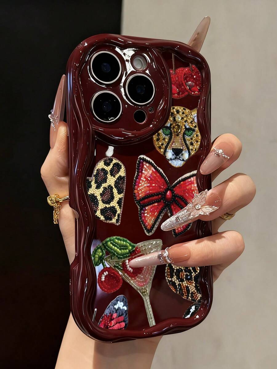 蝴蝶结拼接彩色印花奶油色波浪边简约防震加厚手机保护壳,兼容 17/17 Pro/17 Pro Max、16 XR/7/8、15 Pro Max、12 Pro Max、13 Pro Max、14 Pro Max、13、14、11、12P、14P、11P、12P、XS、XR、7/8P、7/8 GES2 - 彩色 - 查看 1