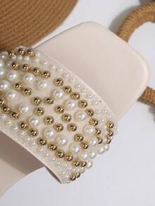 New Arrival Plus Size Luxury Anti-Slip Square Toe Mule Slippers With Rhinestone & Pearl Decor, Fashionable & Versatile For Beach & Resort Wear - Beige - View 9