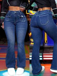 Jeans acampanados de cintura alta para mujer, elegantes acampanados de mezclilla azul, estilo clásico, ajuste elástico, uso casual a elegante para otoño e invierno - 2058 - Ver 1