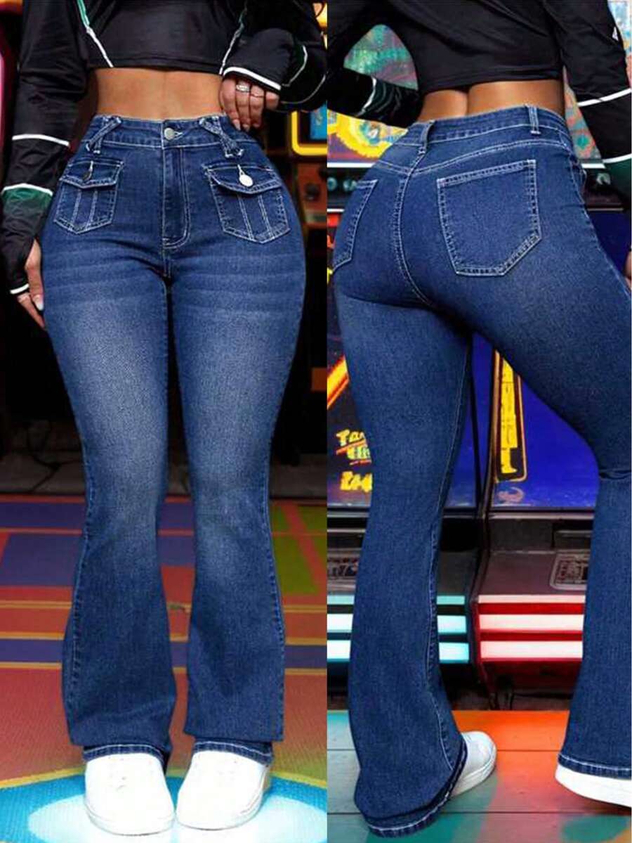 Jeans acampanados de cintura alta para mujer, elegantes acampanados de mezclilla azul, estilo clásico, ajuste elástico, uso casual a elegante para otoño e invierno - 2058 - Ver 1
