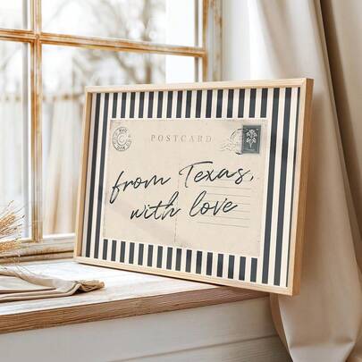 1pc Framed/Unframed From Texas With Love Vintage Postcard Wall Art Poster Minimalist Black Striped Y2k Canvas Print Girly Room Aesthetic Decor Retro Painting For Apartment,Living Room,Bedroom,Modern Home Decoration