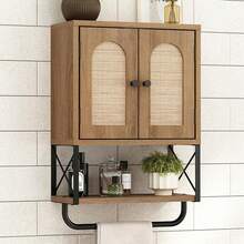 Rattan Bathroom Wall Cabinet, Boho Over The Toilet Storage Cabinet With Arched Rattan Doors, Modern Medicine Cabinet With Adjustable Shelves & Towel Bar, Small Rustic Oak Bathroom Organizer - Black - View 10