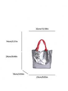 1pc Women's Contrast Color Shoulder Crossbody Bag, Large Capacity Glitter Tote Handbag, Suitable For Shopping, Commuting, Gift - Silver - View 3