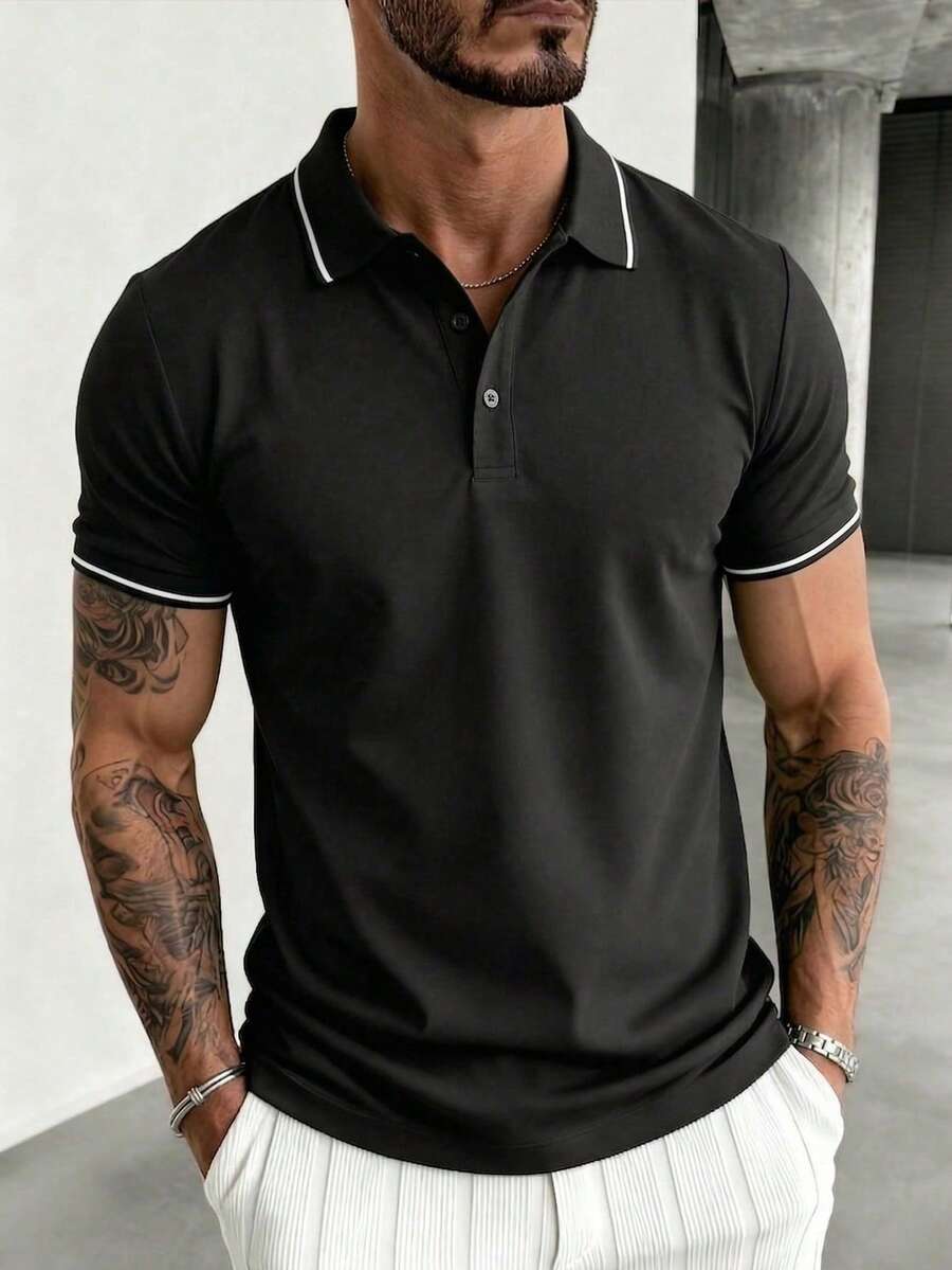 Men's Short Sleeve Polo Shirt, New Summer Contrast Trim Collar Button Slim Fit T-Shirt, Casual Fitted Top