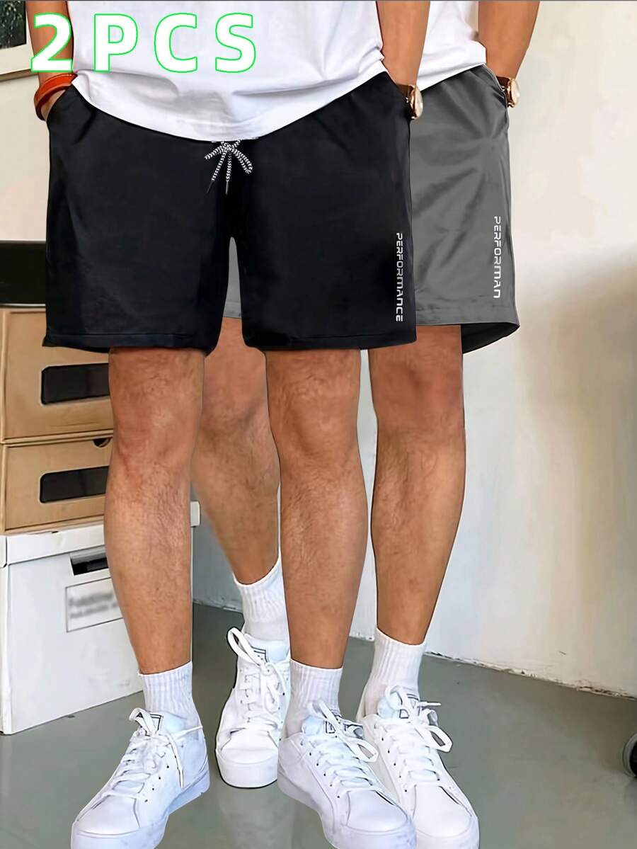 2条装男士运动短裤,夏季抽绳健身跑步及膝短裤,带口袋和印花,适合日常穿着 - 黑色 - 查看 1