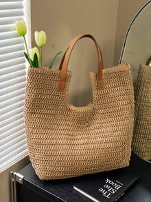 Túi tote hình chữ U đan tay bằng rơm, túi đan, quai xách bằng da PU, khóa nam châm, dung tích lớn, phong cách nghỉ dưỡng Pháp, phù hợp cho đi làm, dạo phố, đi biển, sinh viên. - Màu Khaki - Xem 7