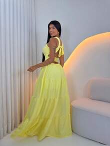 Women's Long Dress With Butterfly Knot - Yellow - View 4
