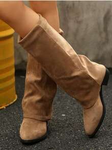 Suede Knee-High Boots For Autumn/Winter, French Style With Chunky Heel And Pointed Toe. Ref 9002 - Beige - View 4
