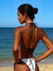 Sujetador tipo braguita de conchas para mujer, diseño de cadena de perlas, cuello halter, lencería babydoll atrevida. - Blanco - Ver 3