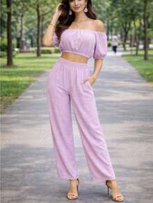 Set de dos piezas Ligero delgado Pantalón y blusa ombliguera de moda para mujer casual de uso diario de moda top corto unicolor para vacaciones - Lila Púrpura - Ver 2