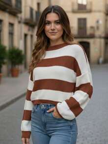 Women's Striped Knit Blouse With Long Sleeves And Round Neck - Versatile Winter - 灰色 - 查看 5
