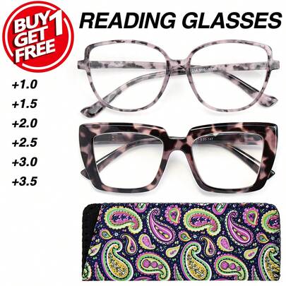 2pcs Tortoiseshell Patterned Square Reading Glasses, Leopard Print Temples, High Definition Lenses, 2-Pack With 1 Purple Floral Leather Case Included