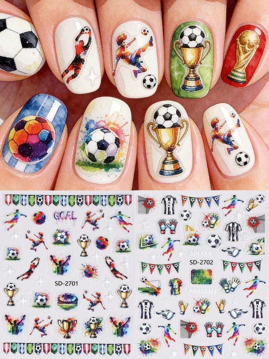2 pièces/set Autocollants d'ongles de football 5D, motifs mignons à thème sportif conçus pour les fans de football, les pom-pom girls et les passionnés de sports, décalcomanies d'art pour les ongles DIY - Multicolore - Voir 1