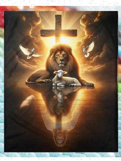 耶稣狮子与羔羊耶稣肖像5D钻石画套装，适合成人初学者，DIY全圆钻钻石画套装，钻石点画宝石艺术，简单易学，家居墙面装饰