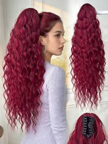 26英寸耐热合成纤维直发马尾假发，渐变棕色至酒红色至黑色，爪夹设计，适合女性日常波浪发型 - Dark Brown - 查看 8