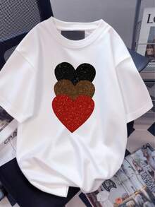 1pc Y2K Style Women's Round Neck Short Sleeve Graphic Print T-Shirt, Suitable For Summer, Beach, Street, Daily, Office, Party, Vacation, Valentine's Day, Festivals Casual White - White - View 5