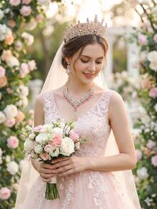 1 套女士婚礼珠宝新娘配饰 - 水晶皇冠、奢华项链和耳环 4 件婚纱装饰套装，适合婚礼、新娘礼服、派对、宴会 - 粉色 - 查看 3