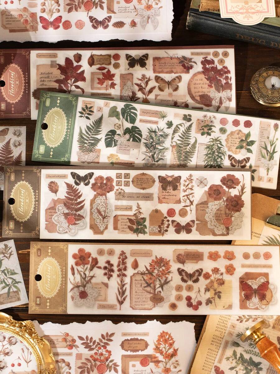1 Set/6pcs Vintage Botanical Washi Stickers , Retro Plant Butterfly Floral Journal Stickers For Scrapbooking, Junk Journal, DIY Crafts, Gift Wrapping, Spring Easter Decor,Back To School Supplies ,Mother's Day Gift Scrapbook Supplies