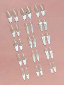 30 pièces Faux ongles à presser, ongles longs stilettos, ongles mignons et simples, ongles décoratifs de perles, ongles français, ongles Y2Y, faux ongles brillants à couverture intégrale pour usage quotidien, réutilisables pour femmes, faciles à porter et à retirer, équipés de colle de gelée et de fournitures pour limer les ongles, convient pour les fêtes, les danses, etc. - Blanc - Voir 3