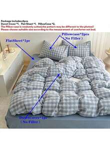 4pcs/Set, Plaid Design Blue Minimalist Style Soft & Thick High-End Bedding Set (1 Duvet Cover + 1 Bed Sheet + 2 Pillowcases), Not Including Quilt & Pillows, Random Printed Pillowcase Pattern - Dusty Blue - View 4