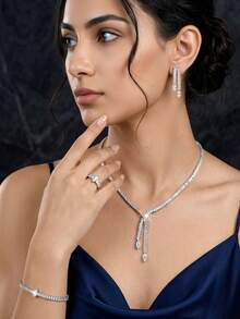 Bộ trang sức dây chuyền hình chữ Y màu bạc đính đá Cubic Zirconia (CZ) cắt hình baguette, gồm vòng cổ, bông tai, nhẫn và vòng tay, thích hợp cho lễ tốt nghiệp, kỳ nghỉ biển và sinh nhật. - Bạc - Xem 3