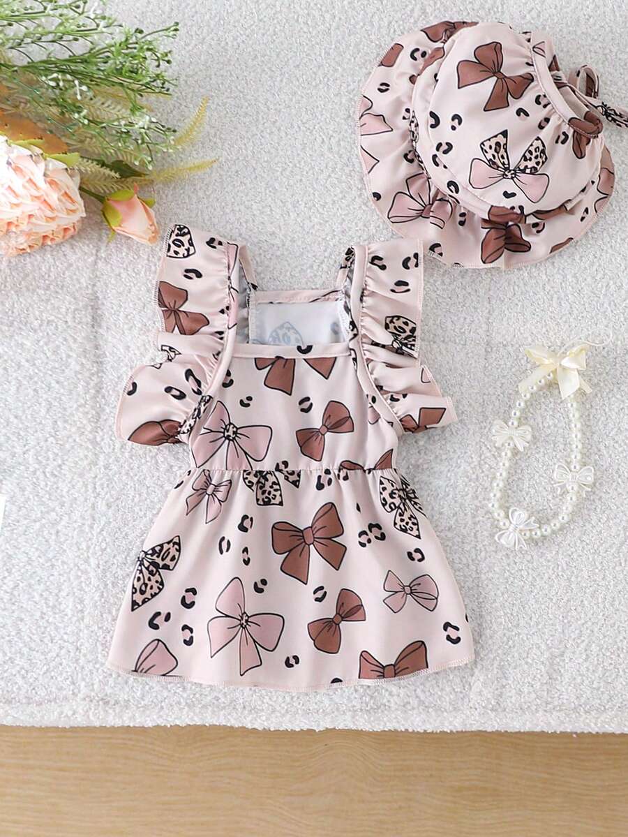 Vestido de mascota con lazo de leopardo rosa suave con mangas acampanadas + sombrero de sol, conjunto para perros pequeños para salir - Albaricoque - Ver 1