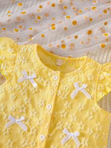 Young Girls' Spring/Summer Textured Floral Ruffle Sleeve Bow Top + Frill Hem Shorts Sweet 2-Piece Set - Yellow - View 3