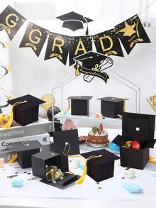 50/15 piezas/1 pieza Caja de dulces con forma de birrete de graduación, Suministros para fiesta de graduación 2025, Adecuado para regalos de fiesta de graduación - Caja negra + cuerda amarilla - Ver 6