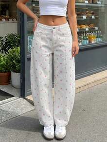 Women Barrel Jeans Dot Print Loose Denim Pants Spring Casual Baggy Trousers Fashion Wide-Leg Pants - Rosa - Ver 7