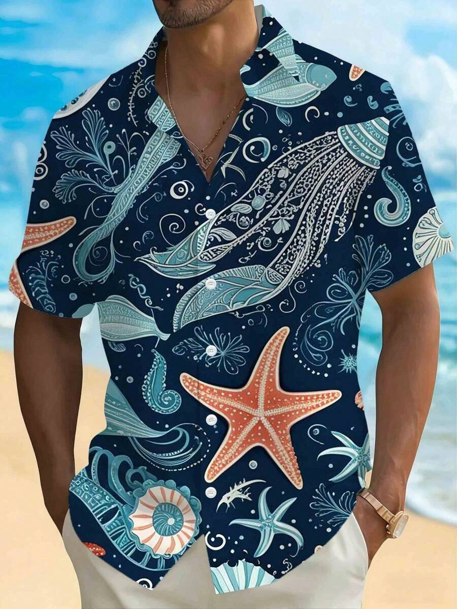 Ocean Life Pattern Featuring Starfish Seashells Waves And Flowing Marine Details Symbolizing Adventure Freedom And Summer Spirit 3D Print Men'S Casual Beach Shirt - trắng - Xem 1