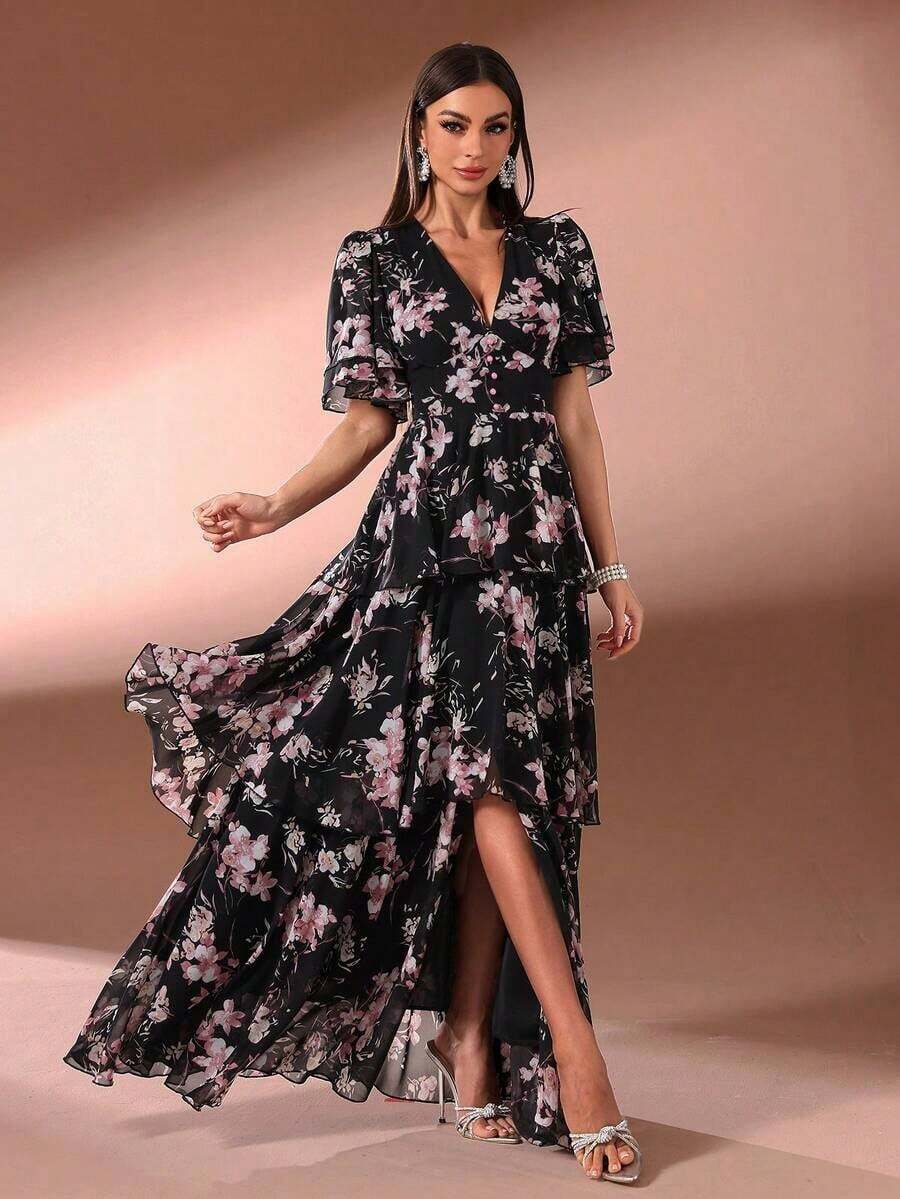 Women's Elegant Floral Print Layered Ruffle Hem Dress, Summer Vacation - màu đen - Xem 1
