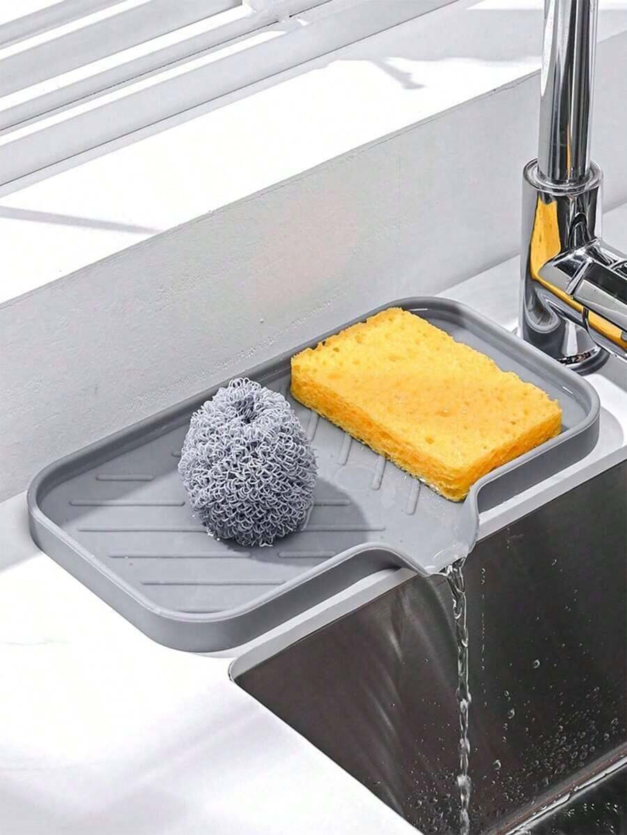 1Pc Silicone Kitchen Sink Drain Rack, Multi-Functional Faucet Splash Guard Drip Tray, Sponge Soap Holder Pad, Apartment Essentials For Kitchen Countertop Bathroom Sink Accessories