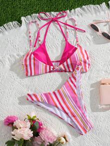 Onefish 1pc Colorful Striped Triangle Bikini Top, Gathering Design, Color Blocking, Knot Decor, Pink Summer Vacation Beach - Pink - View 3