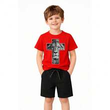 Conjunto Infantil Masculino Leão D ajuda Camiseta e short em Algodão - Vermelho - Visão 1