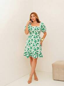 RAINBOW Women's Short Princess Floral Dress With Puff Sleeves And Elasticated Fabric - Elegant Fashion - One Size Fits 36-42 (Brazilian Sizes) - Crepe Fabric - 128-綠色 - 查看 1