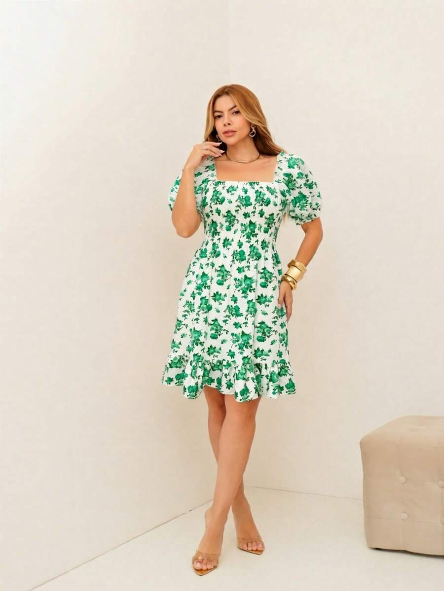 RAINBOW Women's Short Princess Floral Dress With Puff Sleeves And Elasticated Fabric - Elegant Fashion - One Size Fits 36-42 (Brazilian Sizes) - Crepe Fabric - 128-綠色 - 查看 1
