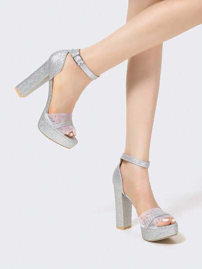 1双女士时尚闪亮波西米亚性感优雅网纱粗跟凉鞋，带荷叶边/褶边装饰，适合派对、办公室、婚礼、度假、户外活动、春夏穿着