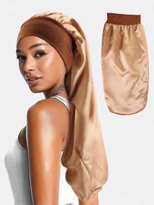 1件装女士粉色弹力抽绳长款缎面丝绸发帽，卷发帽，适合长发、辫子、脏辫、卷发，缎面丝绸发帽，缎面蝴蝶结发帽，睡眠帽 - 上腰粉紅色 - 查看 8