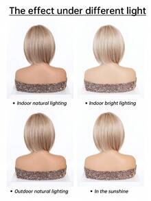 10英寸金根深色挑染短直波波头假发，女士耐热合成纤维假发，带刘海，黑白中分短直发假发，美丽日常女士合成纤维假发 - 挑染金色 - 查看 11