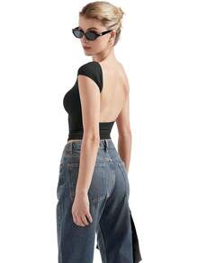 Women Y2K Sexy Backless Open Back Basic Tee Double Lined Going Out Casual Tops - 烏黑 - 查看 2