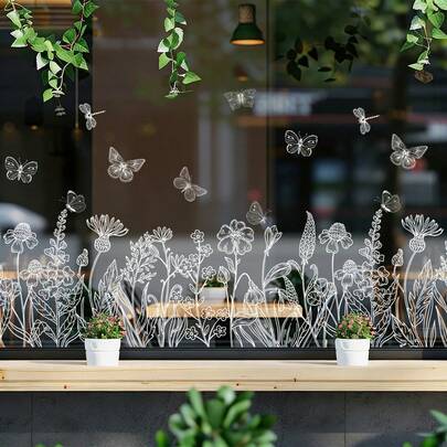 1pc White Flower & Butterfly Flat Window Sticker, DIY Removable Double-Sided Transparent Static Cling, 2D Home Modern Decor Glass Window Sticker