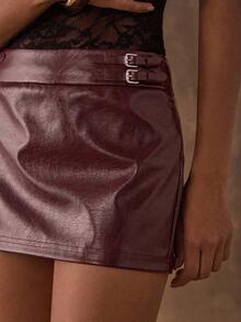 Women's Burgundy Fashion Sexy Party PU Belt Buckle Ultra Low Waist Mini Skort Pants, Leather Mini Skirt, Night Out Bottoms, Club Bottoms, Burgundy Skirt, Party Bottoms, Leather Skirt - Màu Đỏ Sâu - Xem 4