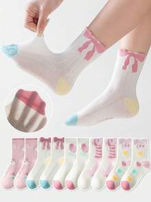 5双儿童袜子，卡通粉色蝴蝶结图案，女童幼儿袜，百搭日常休闲穿搭，心形和兔子图案 - 彩色 - 查看 12
