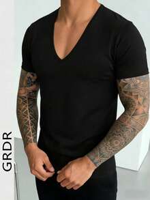 GRDR 1pc Men's Deep V-Neck Short Sleeve T-Shirt - Black - View 3