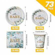 桉树绿箔纸“Oh Baby”一次性餐盘、餐巾纸和杯子套装，可供16位客人使用，适合生日、婚礼、派对、家庭野餐等场合。 - 款式3 - 查看 9