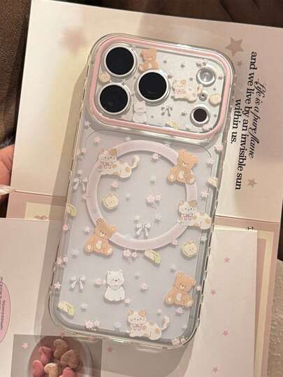 透明苹果 17 Pro Max 手机壳，磁吸式可爱猫咪设计，也适用于 16、15、13