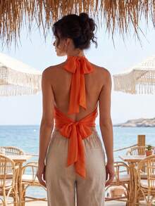 Womens Summer Halter Tank Tops Fashionable Solid Color/Dot Print Backless Going Out Vest - Naranja - Ver 6