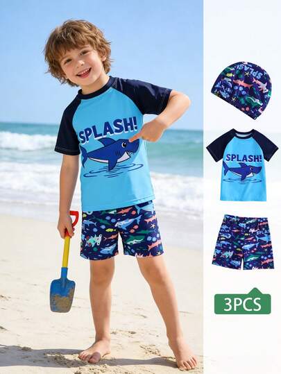 3pcs/Set Kids Boy "Young Boy" Letter & Cartoon Shark Print Short Sleeve Swimsuit, Swim Trunks And Swim Cap