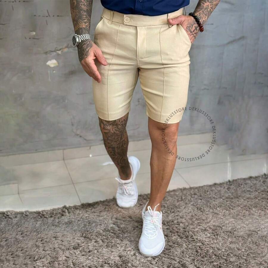 Men's Premium Tailored Ribbed Bengaline Shorts, Colorful, Stylish, And Sporty - Beige - View 1
