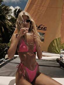 Women's Colorblock Ruffle Trim Bikini Set, Featuring Adjustable Triangle Cups And Tie Design, Suitable For Beach Vacation And Retro Style Summer - Coral Pink - View 2